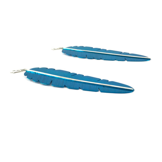Michael and Elizabeth Kirk XLG Turquoise Ceramic Feather Dangle Earrings-Indian Pueblo Store
