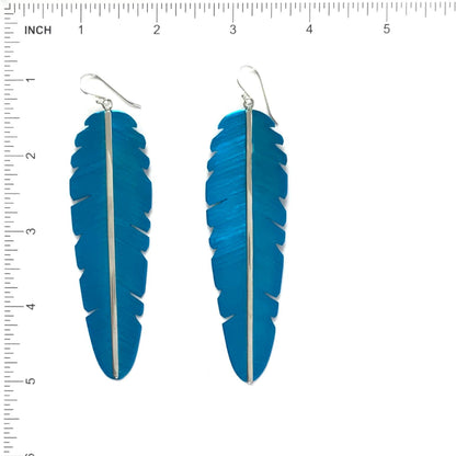 Michael and Elizabeth Kirk XLG Turquoise Ceramic Feather Dangle Earrings-Indian Pueblo Store