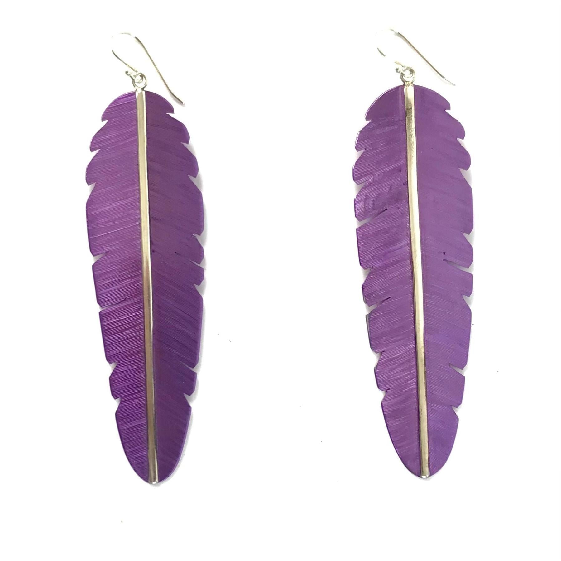 Michael and Elizabeth Kirk XLG Purple Ceramic Feather Dangle Earrings-Indian Pueblo Store