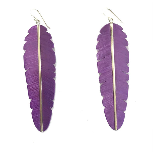 Michael and Elizabeth Kirk XLG Purple Ceramic Feather Dangle Earrings-Indian Pueblo Store