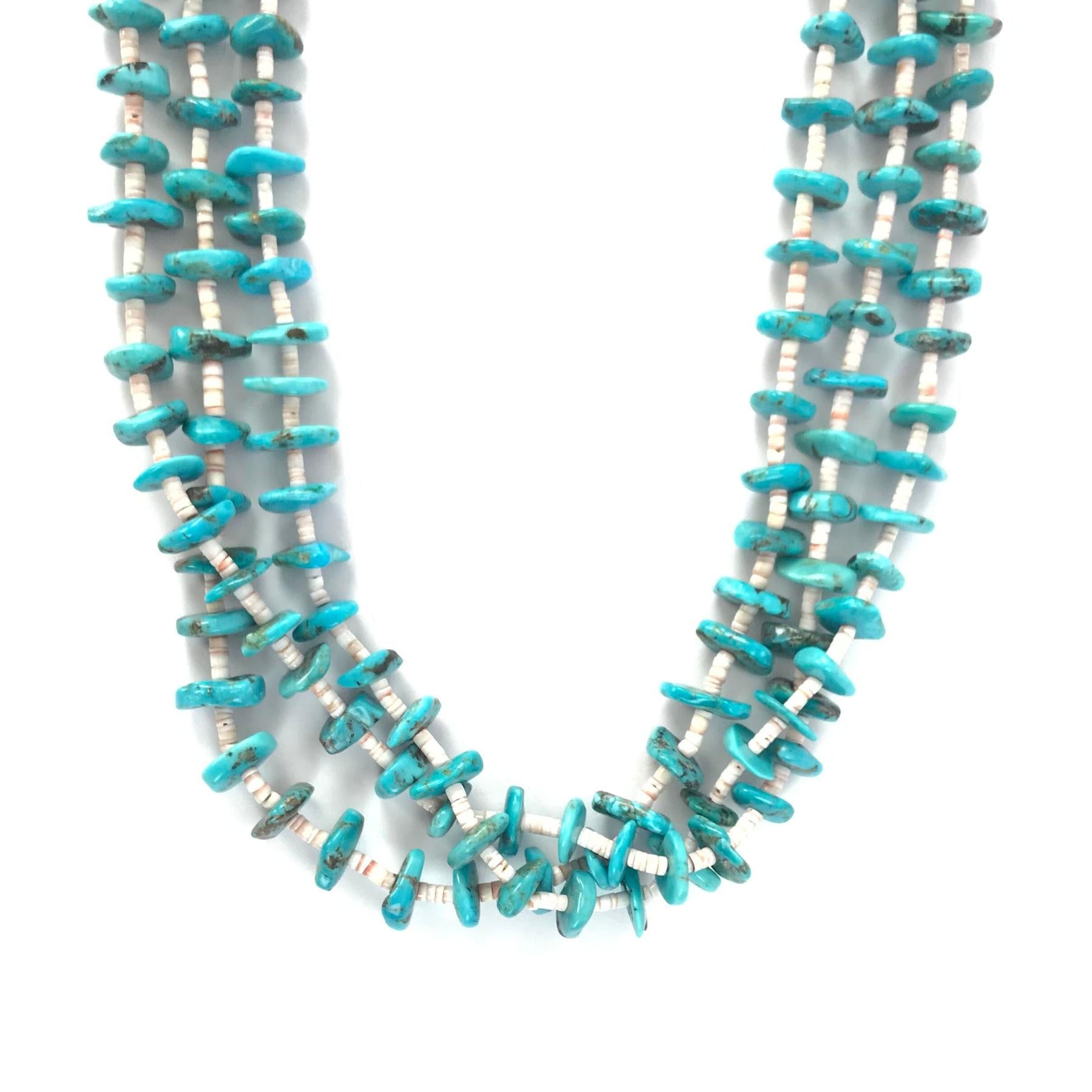 Cheryl Duran Turquoise and Pink Shell Three Strand Heishi Necklace-Indian Pueblo Store