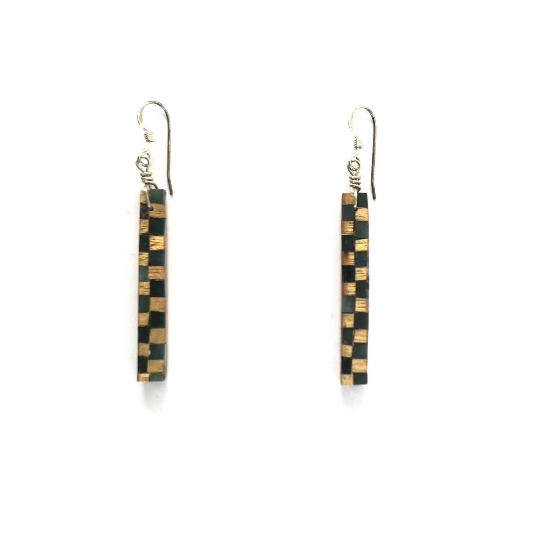 Nick Rosetta Yellowheart Wood and Serpentine Mosaic Dangle Earrings-Indian Pueblo Store