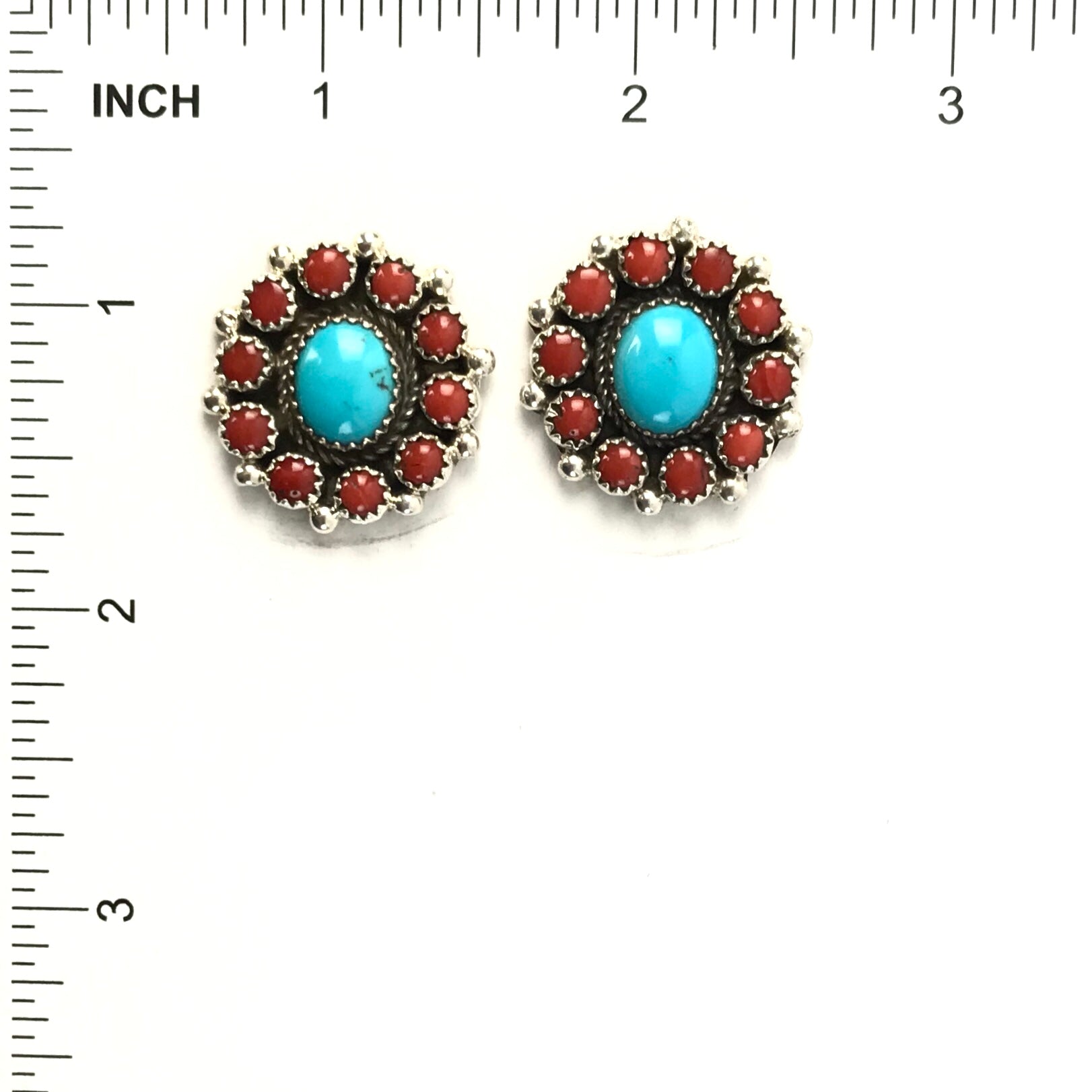 Sally Yazzie Coral and Turquoise Cluster Post Earrings-Indian Pueblo Store