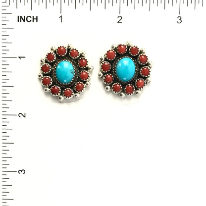 Sally Yazzie Coral and Turquoise Cluster Post Earrings-Indian Pueblo Store