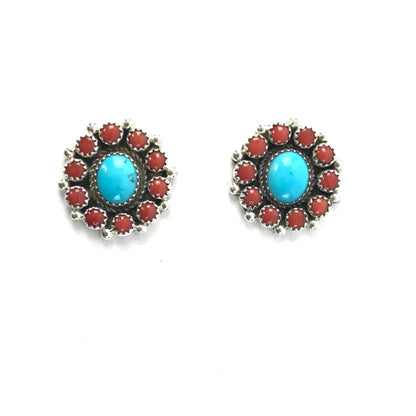Sally Yazzie Coral and Turquoise Cluster Post Earrings-Indian Pueblo Store