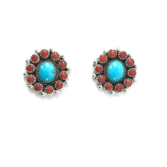 Sally Yazzie Coral and Turquoise Cluster Post Earrings-Indian Pueblo Store