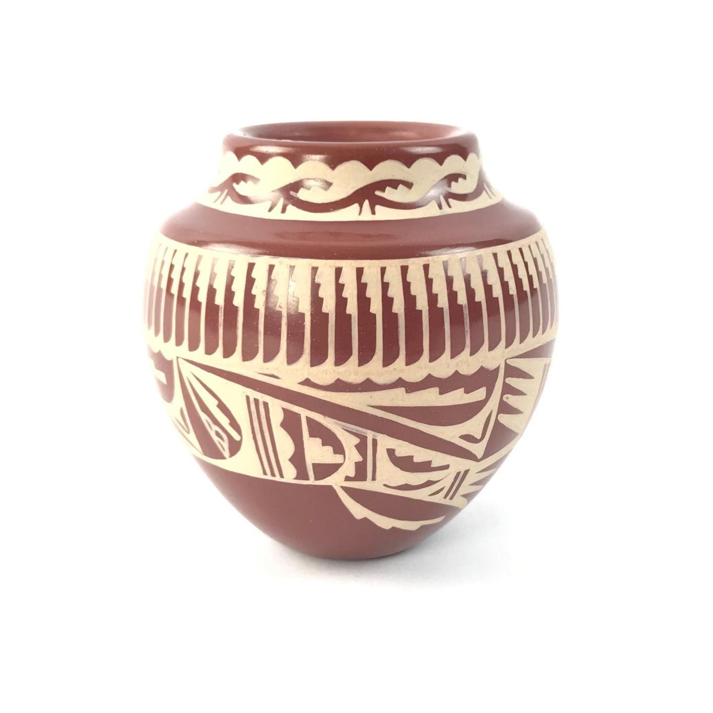 Ursula Curran Ohkay Owingeh Small Avanyu and Feather Jar-Indian Pueblo Store