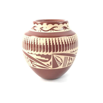 Ursula Curran Ohkay Owingeh Small Avanyu and Feather Jar-Indian Pueblo Store