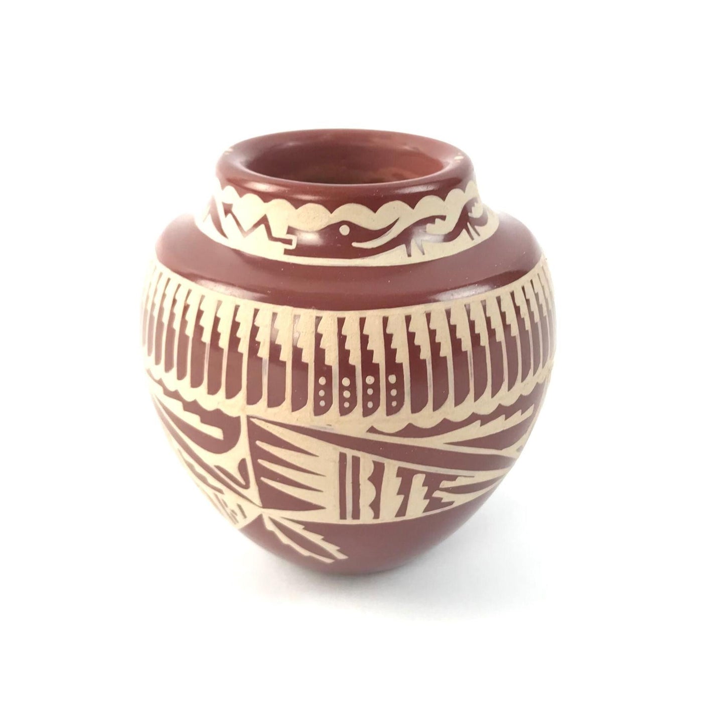 Ursula Curran Ohkay Owingeh Small Avanyu and Feather Jar-Indian Pueblo Store