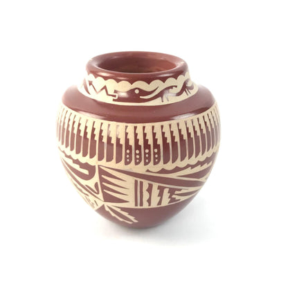 Ursula Curran Ohkay Owingeh Small Avanyu and Feather Jar-Indian Pueblo Store