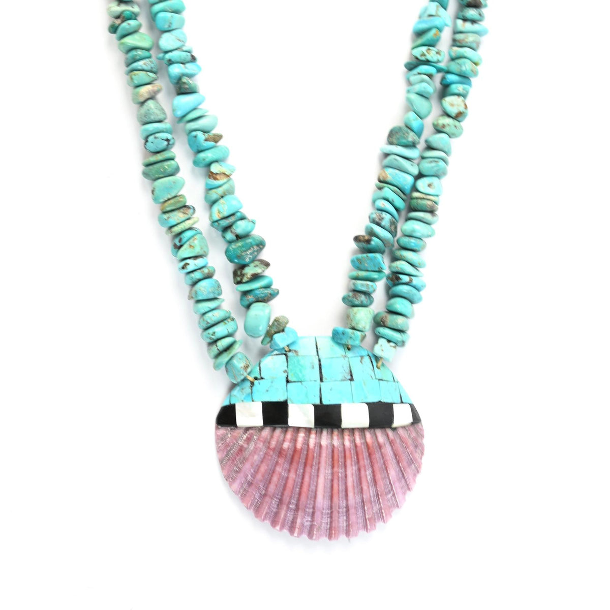 Torevia Crespin Turquoise 2-Strand Mosaic Inlay Pendant Heishi Necklace-Indian Pueblo Store