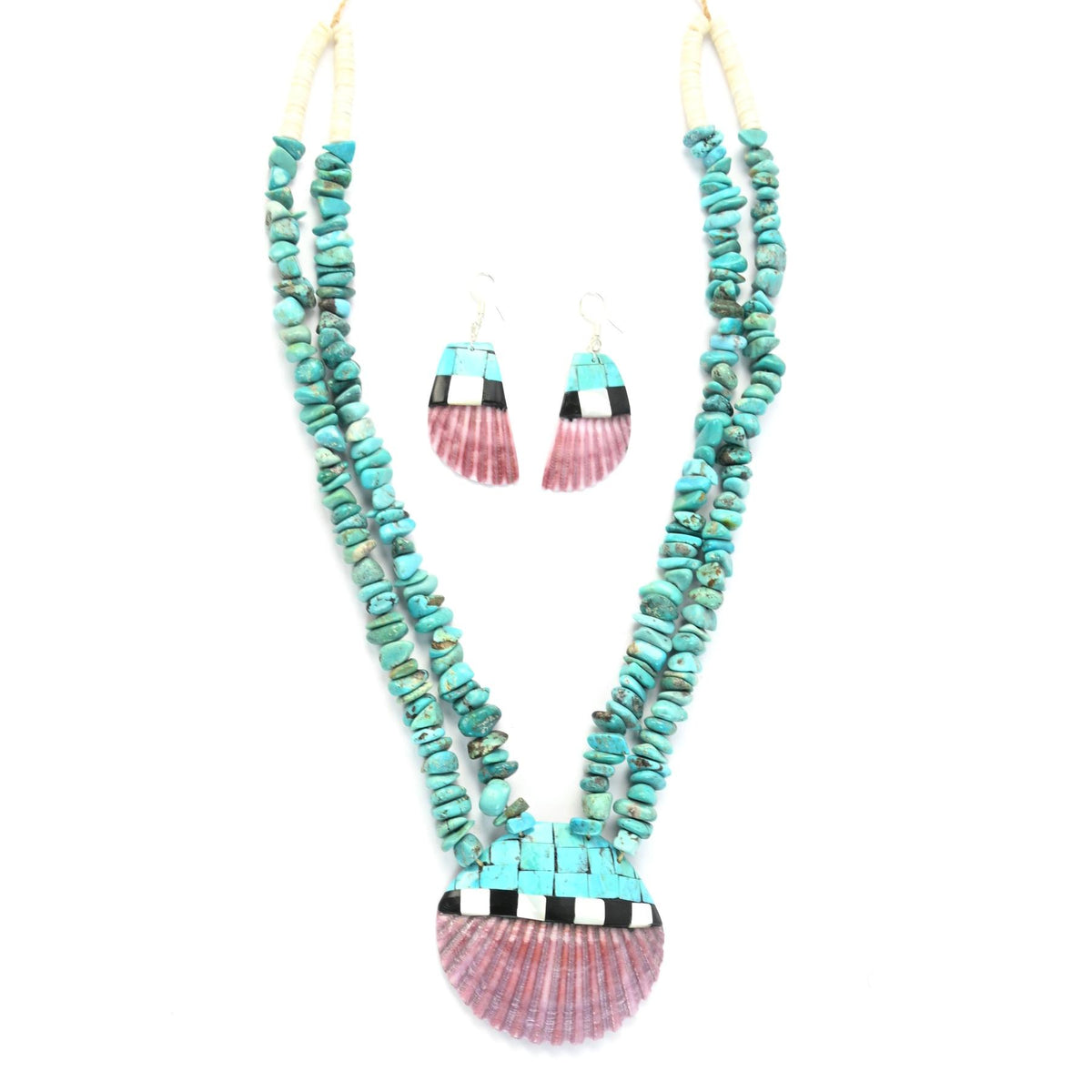Torevia Crespin Turquoise 2-Strand Mosaic Inlay Pendant Heishi Necklace-Indian Pueblo Store