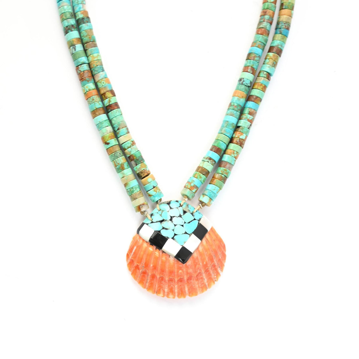 Torevia Crespin Turquoise 2-Strand Mosaic Inlay Shell Pendant Necklace and Earring Set-Indian Pueblo Store