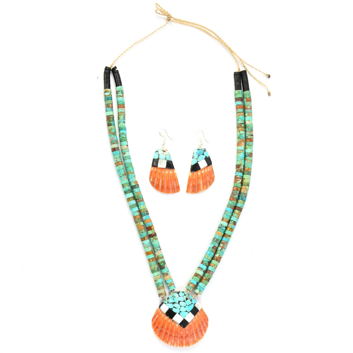 Torevia Crespin Turquoise 2-Strand Mosaic Inlay Shell Pendant Necklace and Earring Set-Indian Pueblo Store