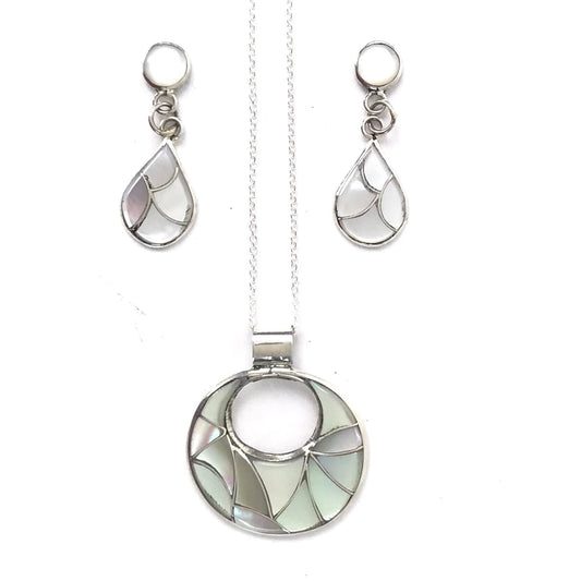 White Mother of Pearl Inlay Earring and Pendant Set-Indian Pueblo Store