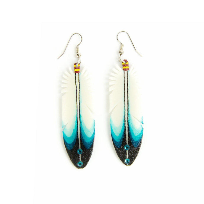 Dominic Arquero Rawhide Handpainted Turquoise Eagle Feather Earrings - Shumakolowa Native Arts