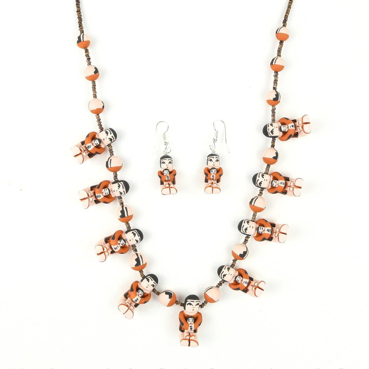Angelina Bailon Santo Domingo Sitting Storyteller Necklace & Earring Set - Shumakolowa Native Arts
