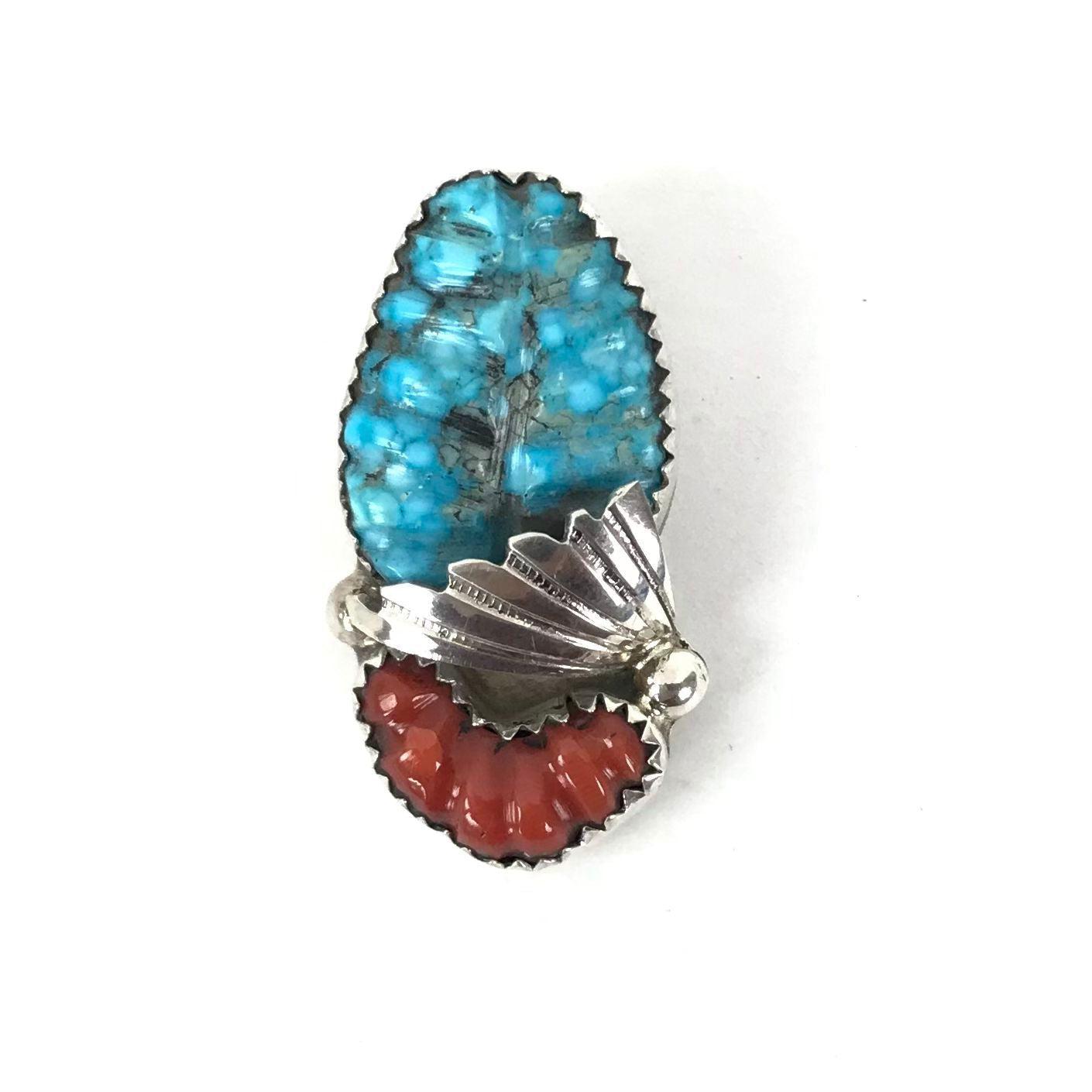 Lyolita Tsatte Turquoise and Coral Leaf Pendant-Indian Pueblo Store